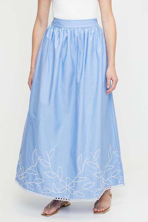 Poplin skirt with embroidered hem - blue