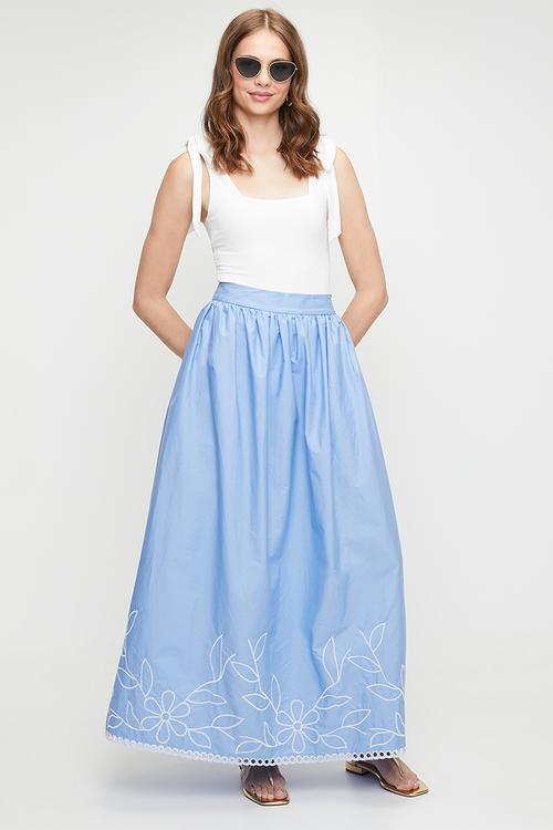 Poplin skirt with embroidered hem - blue
