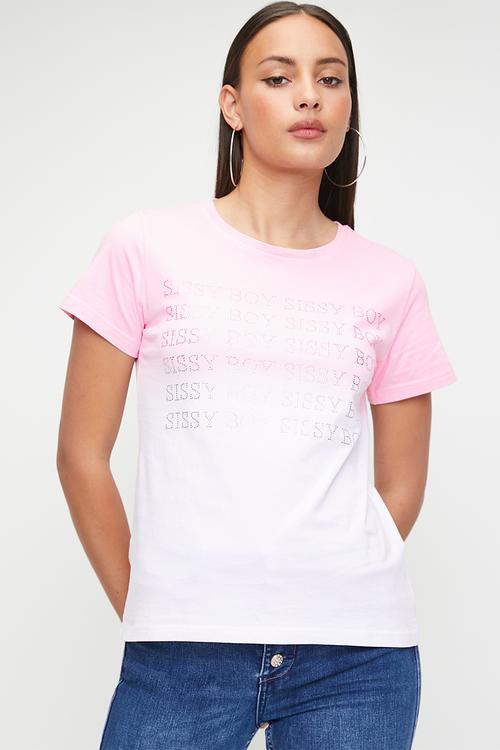 Pinks And Whites: Regular Fit Tie Dye Bling Logo Top - Pink / White