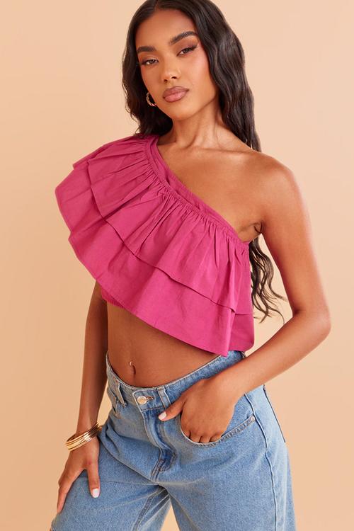 Ruffle One Shoulder Crop - Hot Pink