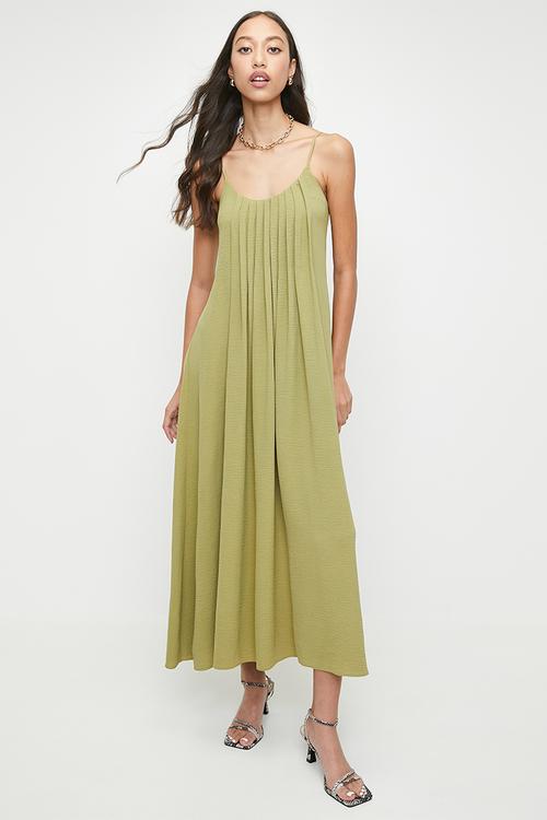 Tuck Detail Strappy Midi Dress - Green