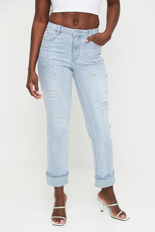 Frieda: High Waist Straight Leg With Heart Jewels - Light Vintage
