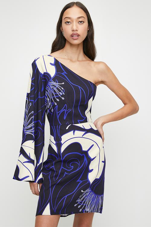 Statement sleeve mini shift dress - blue damascus macro leaf