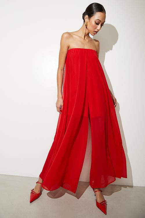 Bandeau chiffon overlay jumpsuite - ruby red