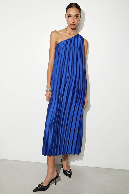 Asymmetric trapeze midi dress - blue
