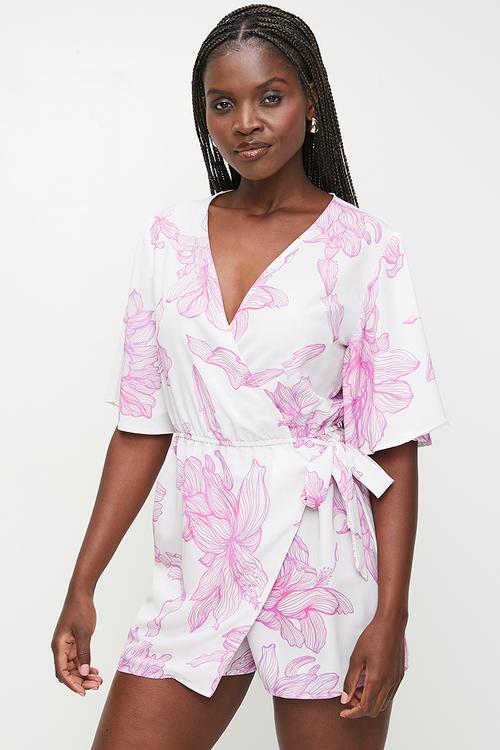 Wrap Bodice with Skort Playsuit - Line Drawn Pink Floral