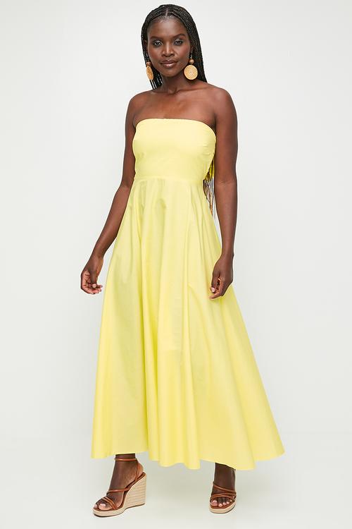 Linen Blend Tie Back Bandeau Maxi Dress - Pale Yellow