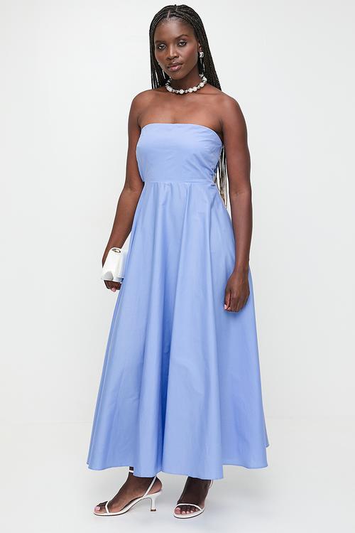 Linen Blend Tie Back Bandeau Maxi Dress - Hydranga