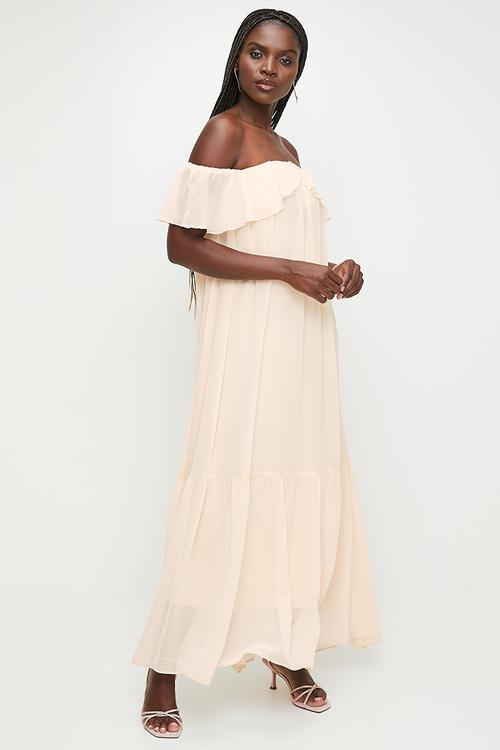 Ruffle bardot trapeze maxi dress - neutral