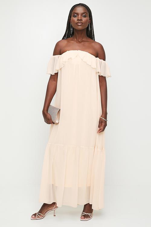 Ruffle bardot trapeze maxi dress - neutral