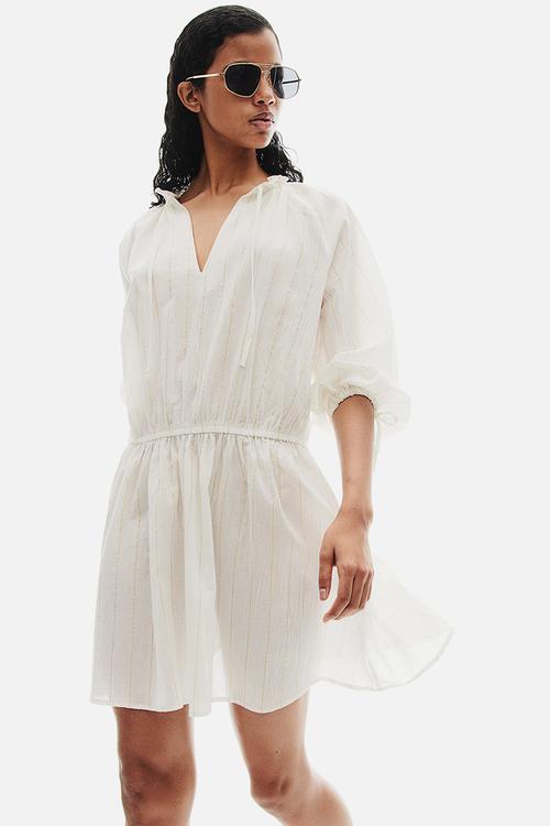 Glittery tie-detail tunic dress - cream pinstriped