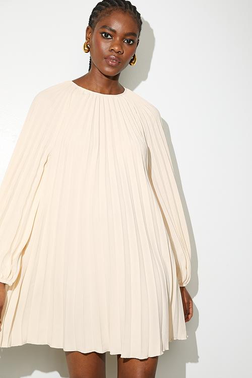 Pleated trapeze mini dress - neutral