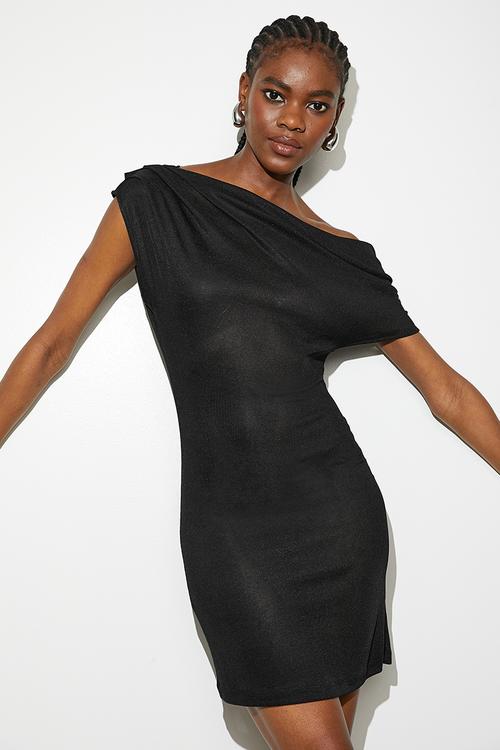 Draped Asym Knit Mini Dress - Black