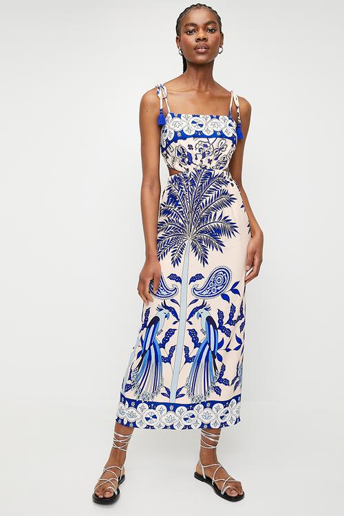 Square neck column dress with tassel trim - blues parrots and palms single border