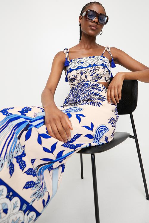 Square neck column dress with tassel trim - blues parrots and palms single border