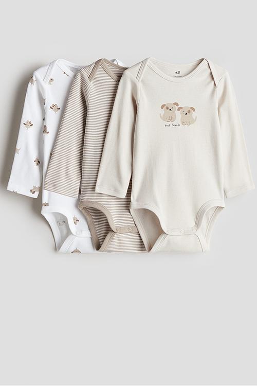 3 pack long-sleeved bodysuits - beige multi & white