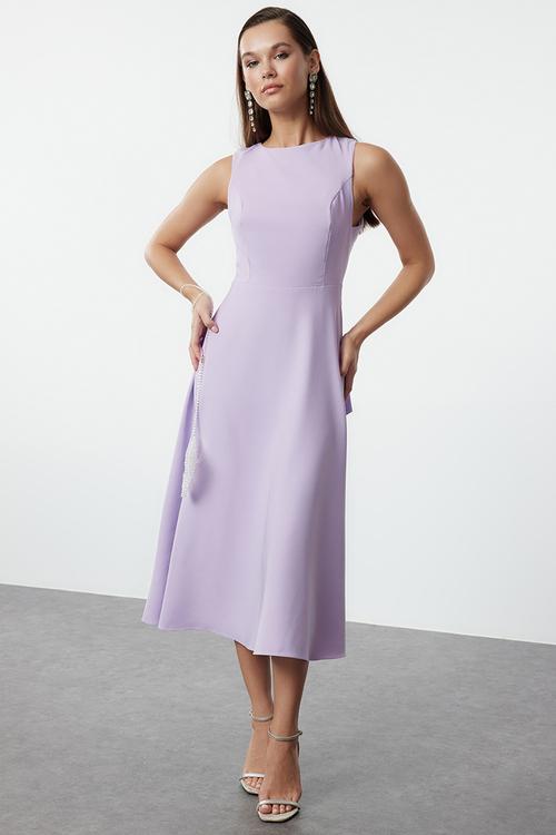A-Cut Bow Detailed Woven Elegant Evening Dress - Lilac