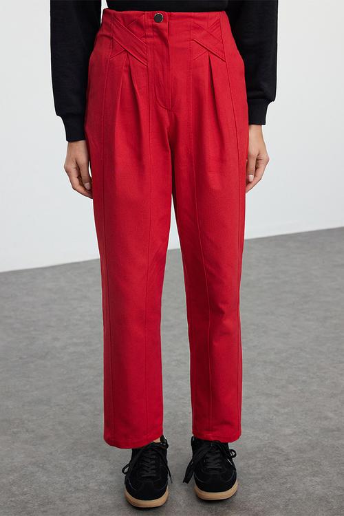 Carrot Pattern Stripe Detailed Woven Trousers - Red