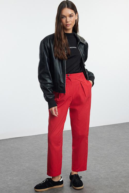 Carrot Pattern Stripe Detailed Woven Trousers - Red