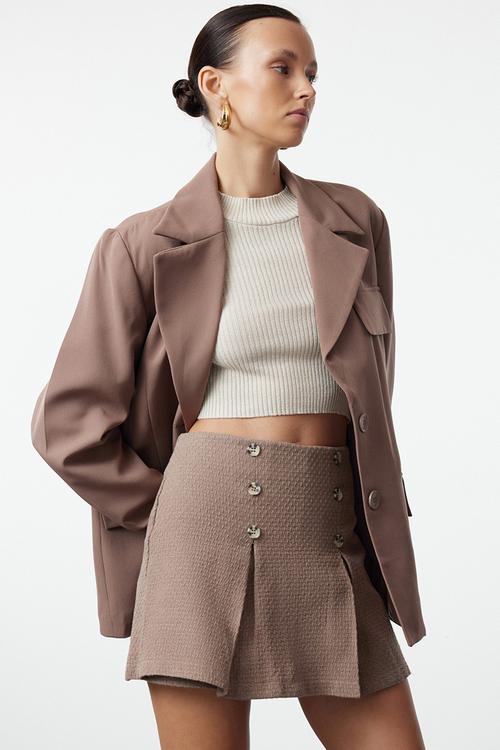 Buttoned Tweed Woven Skort - Beige