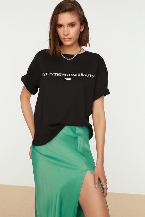 Slogan Printed Relaxed Crew Neck Knitted T-Shirt - Black