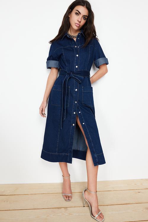 Belted Denim Midi Dress - Blue