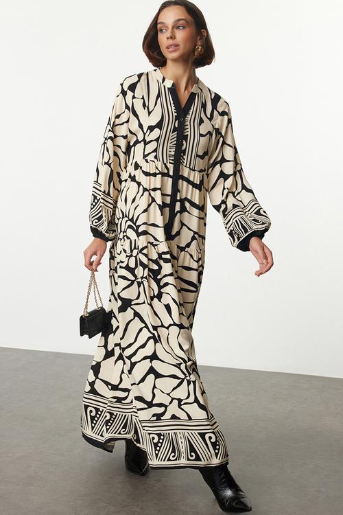 Geometric Viscose Dress - Beige