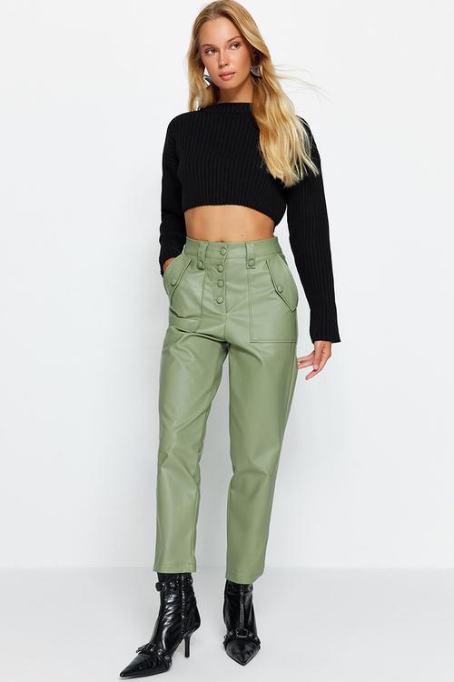 Limited Edition Carrot Woven Front Button Faux Leather Pants - Green