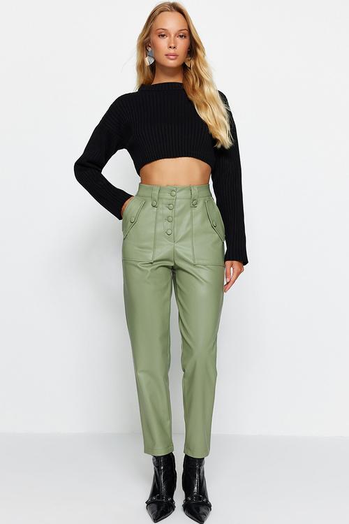 Limited Edition Carrot Woven Front Button Faux Leather Pants - Green