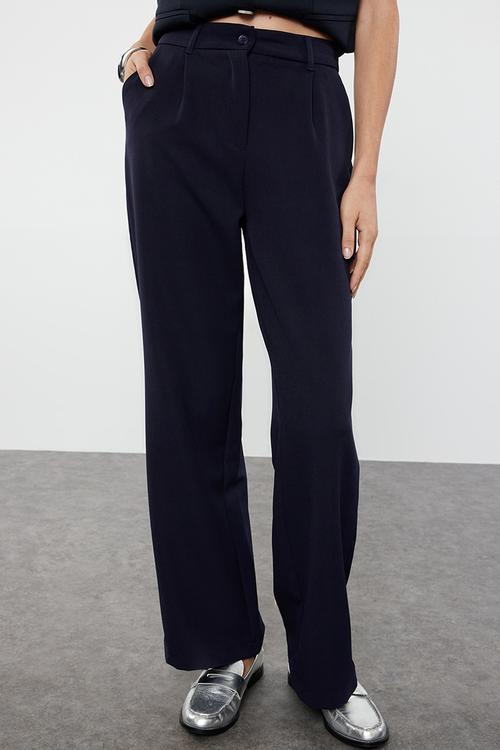 High waist wide leg pleated woven trousers - dark navy blue