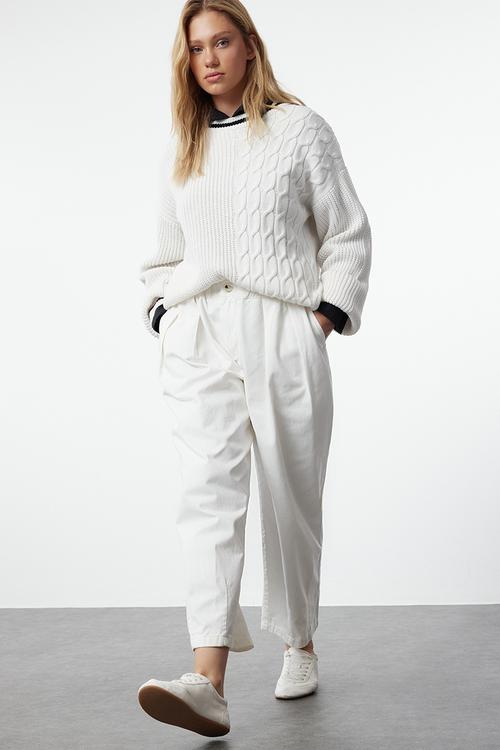 Elastic Waist High Waist Barrel Trousers - White