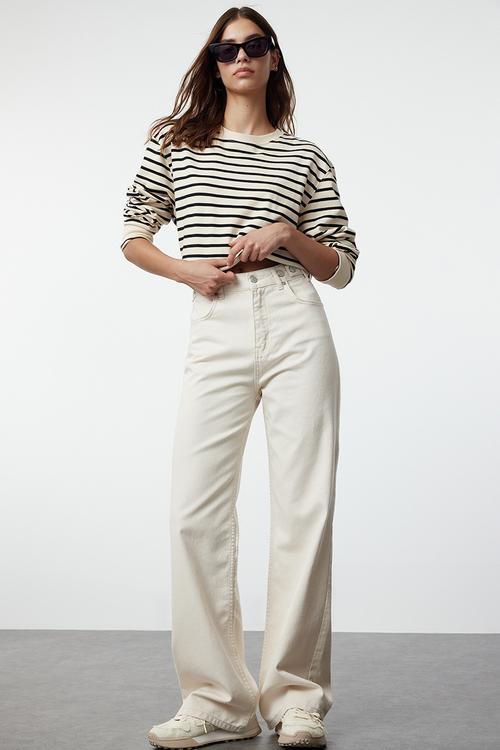 Waist detail high waist wide leg trousers - ecru