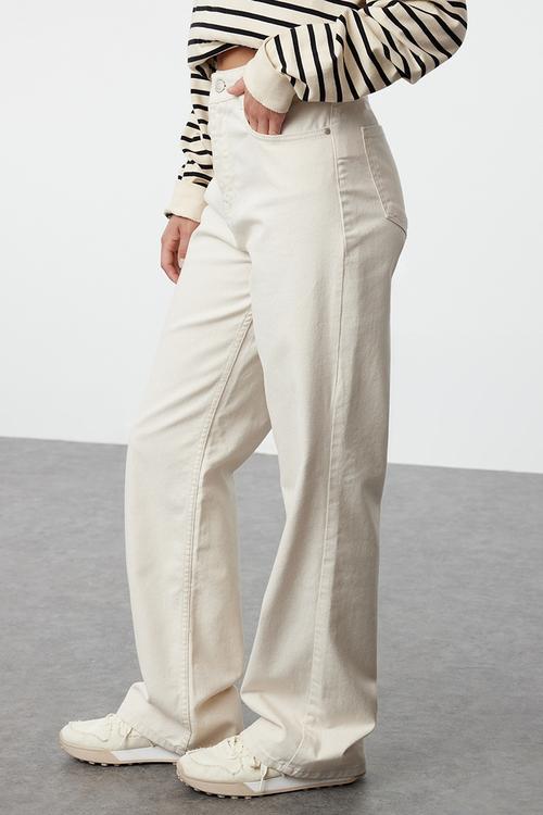 Waist detail high waist wide leg trousers - ecru