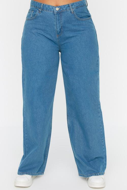 Plus High Waist Wide Cut Jeans- Light Blue