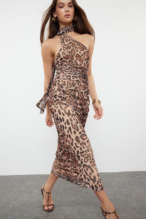 Leopard Print Halter Neck Fitted Tulle Knitted Midi Pencil Dress - Brown