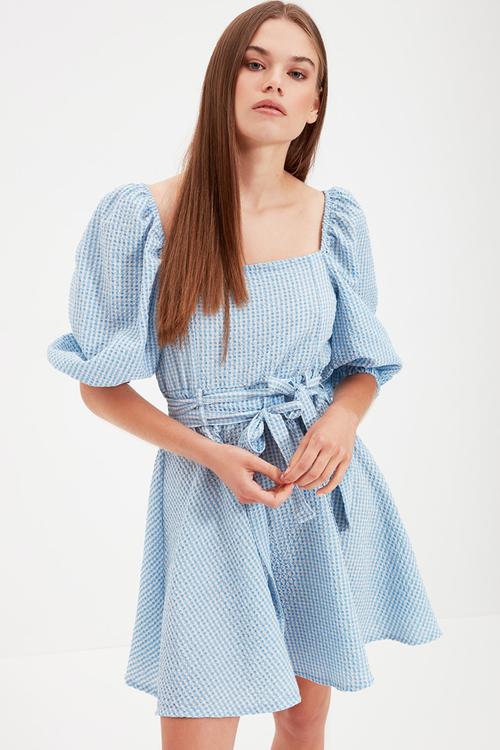Checkered square collar mini dress - blue