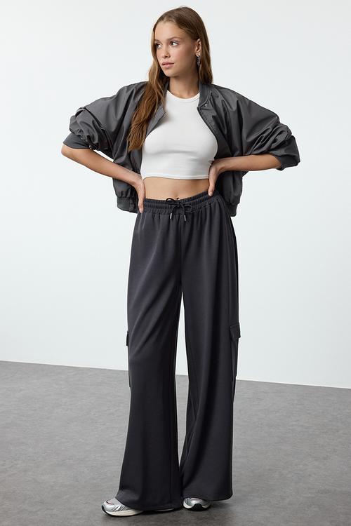 Cargo pocket soft touch tube leg knitted sweatpants - anthracite