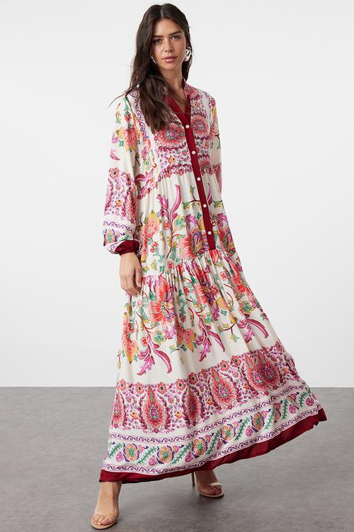 Floral Viscose Dress - Burgundy