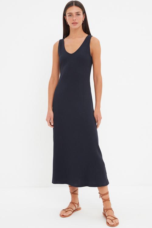 Ribbed A-Line Midi Dress - Navy