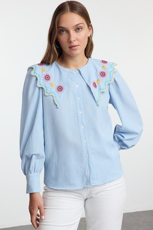 Embroidery Detailed Balloon Sleeve Woven Shirt - Blue