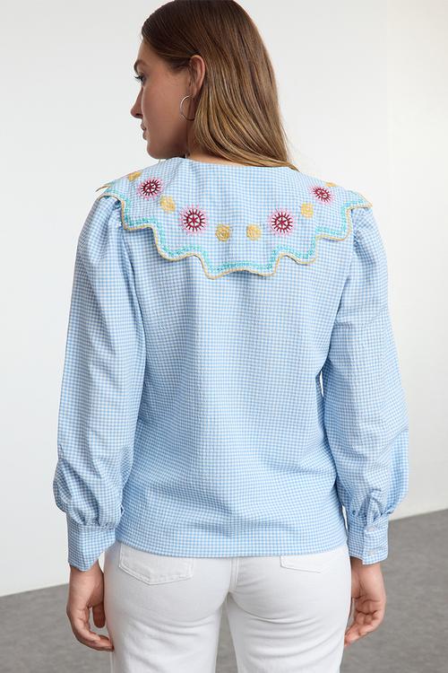 Embroidery Detailed Balloon Sleeve Woven Shirt - Blue