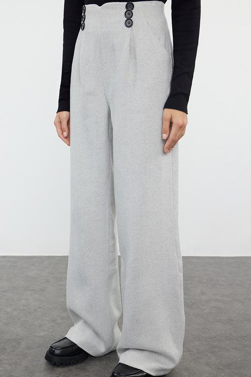 Button detailed wide leg woven trousers - light grey