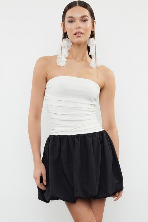 Colour Block Balloon Evening Dress - Black-White