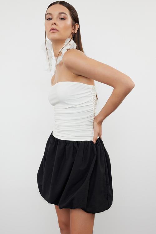 Colour Block Balloon Evening Dress - Black-White