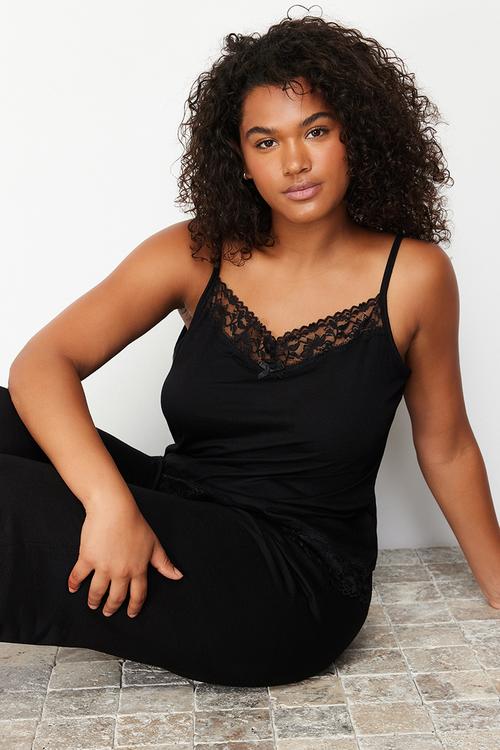 Plus Lace Detailed Knitted Pajama Set - Black