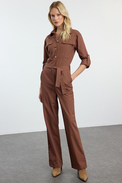 Belted long jumpsuit - brown
