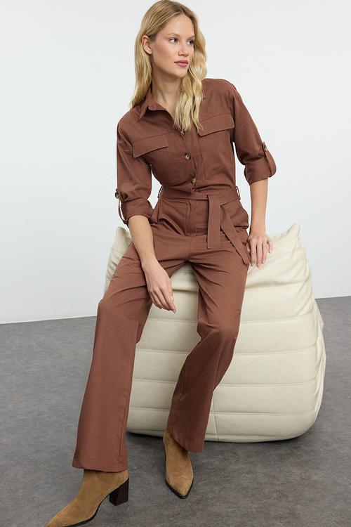 Belted long jumpsuit - brown