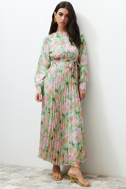 Floral Pleated Chiffon Dress - Light Green