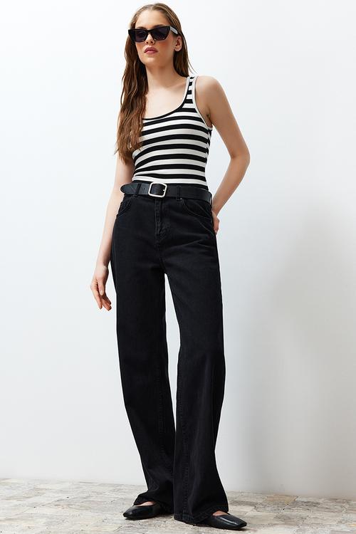 Striped fitted ribbed knit undershirt - black