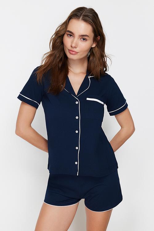 100% Cotton Bias Shirt-Shorts Knitted Pajama Set - Navy Blue